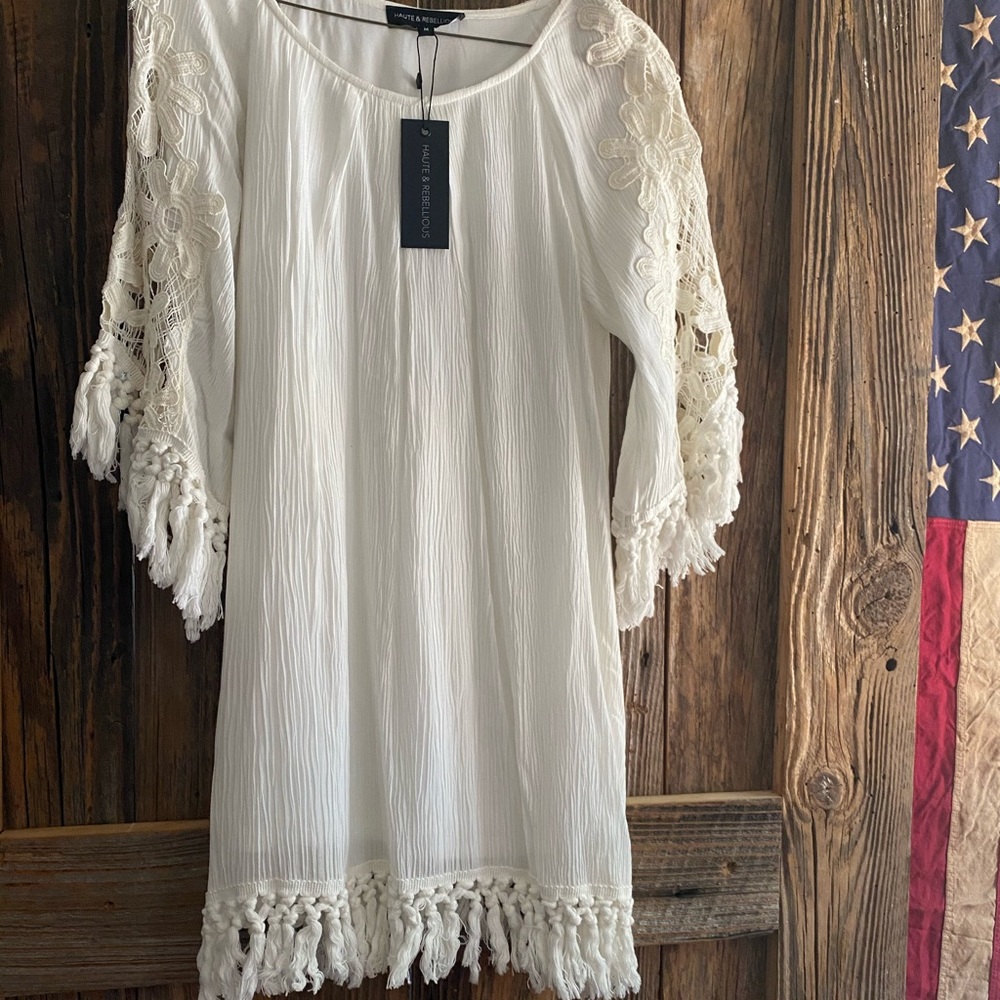 Brand New with Tags white mini with fringe hem